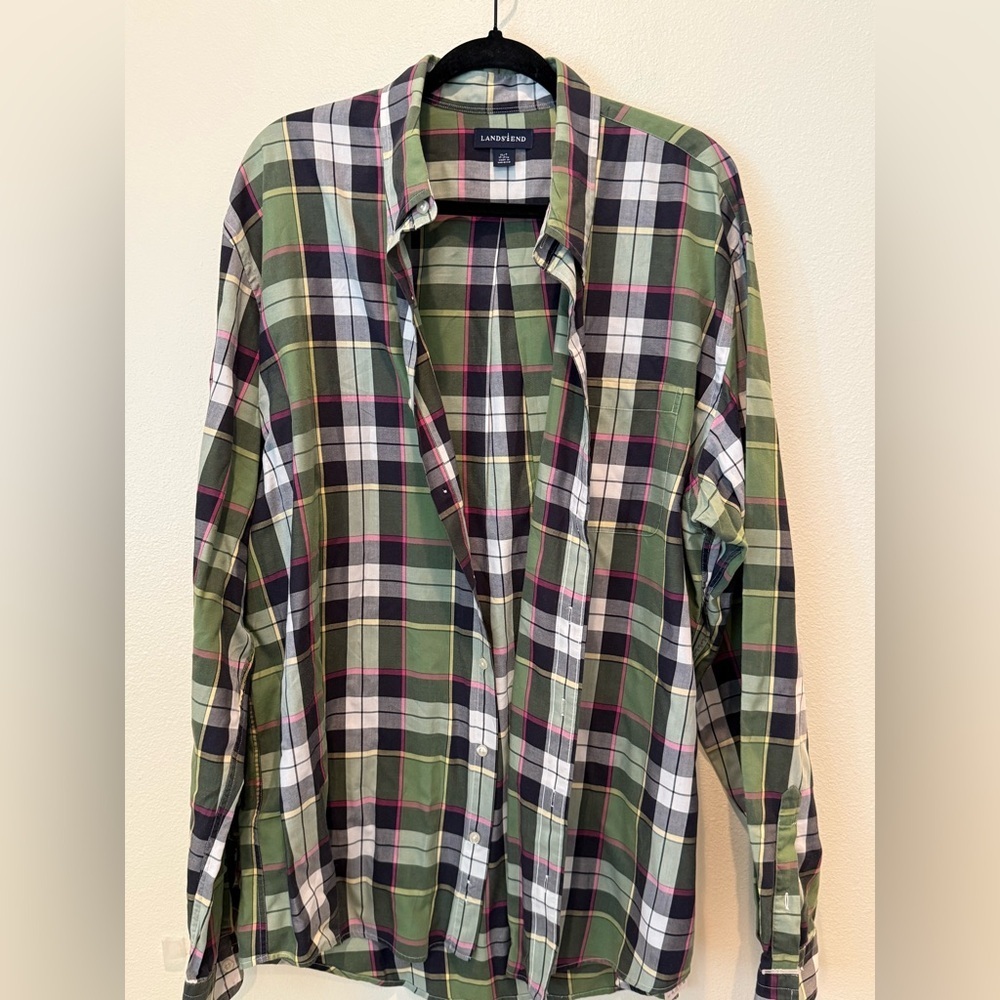 Lands' End Green and White Plaid Men's Shirt